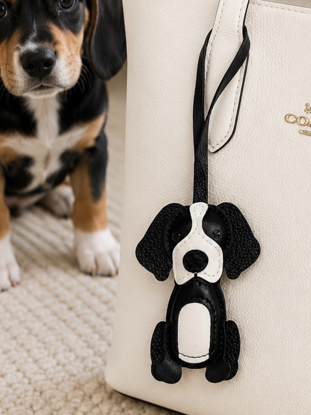 Black & White Dog Bag Charm – Faux Leather Puppy Purse Charm